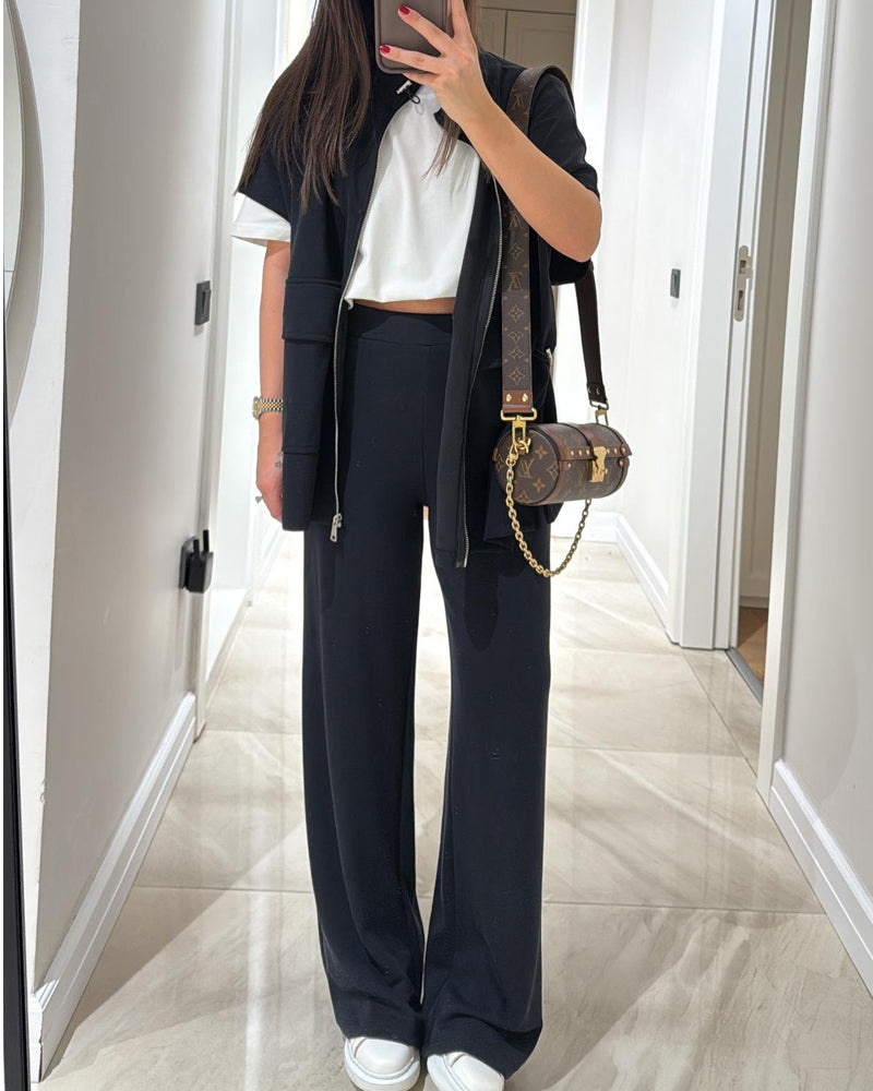 Casual Waist Stretch Detail Top & Pants Two-Piece Set