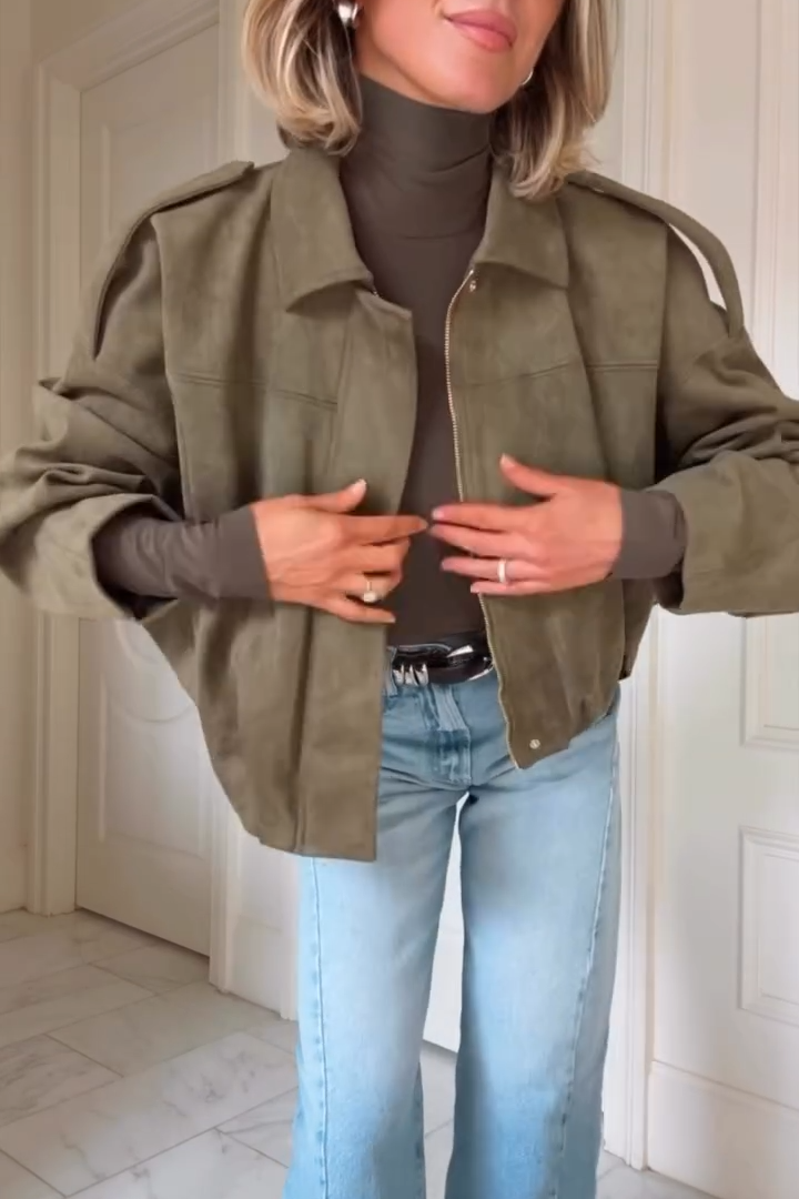 Womens Suede Lapel Pilot Cropped Jacket