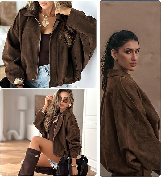 Womens Suede Lapel Pilot Cropped Jacket
