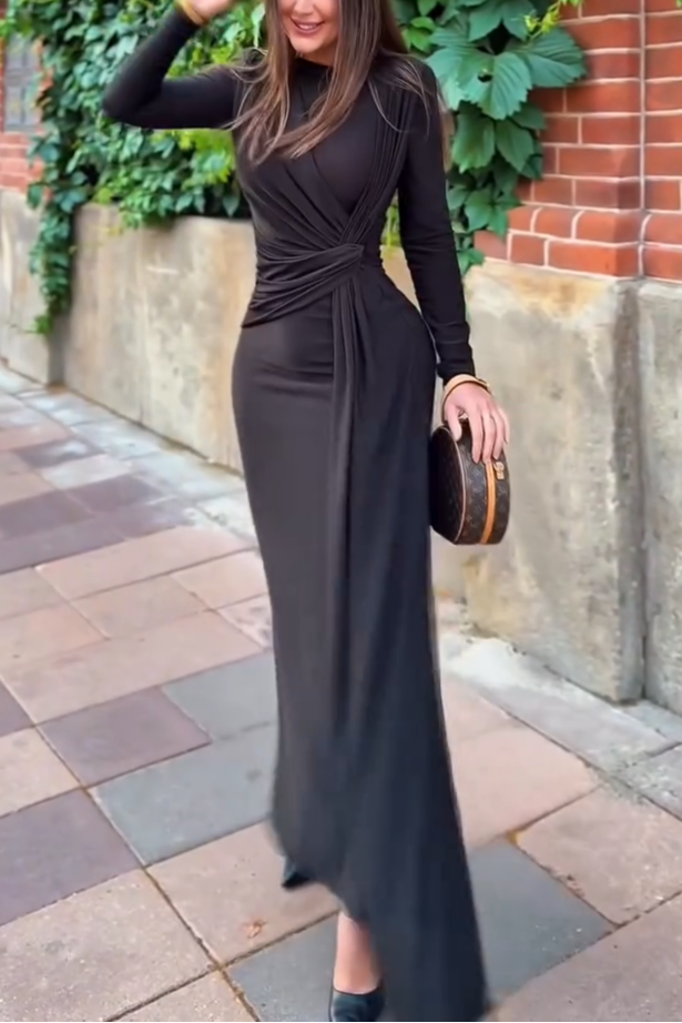 Elegant Black Pleated Waist Maxi Dress