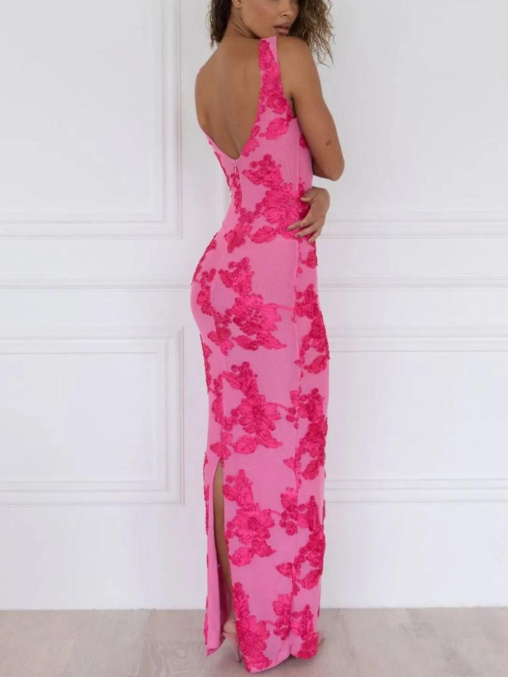 Floral Applique Mesh Maxi Dress