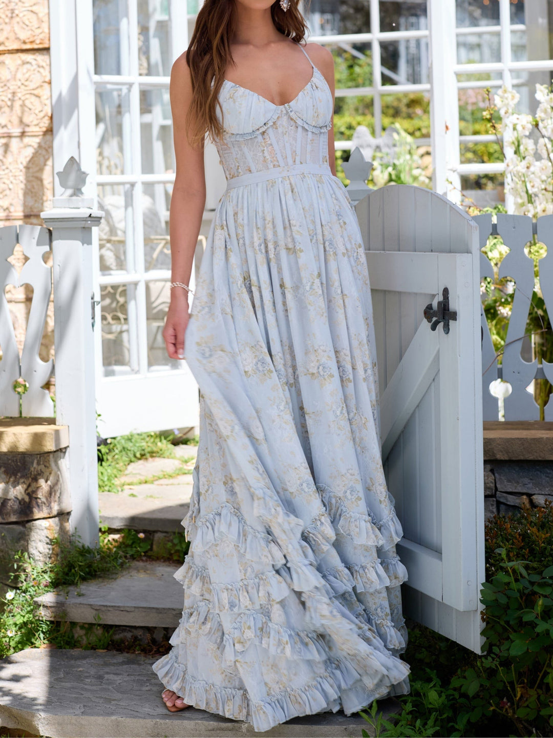 Floral Frill Split Maxi Dress