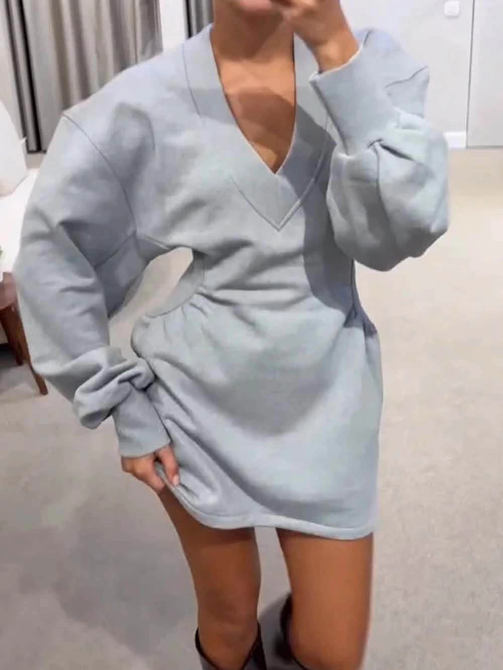 Casual Ribbed V-Neck Long Sleeve Zipped Waist Mini Dress