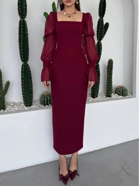 Chiffon Balloon Sleeves Square Neck Long Evening Dress