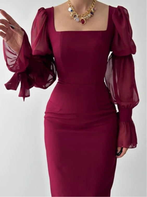 Chiffon Balloon Sleeves Square Neck Long Evening Dress