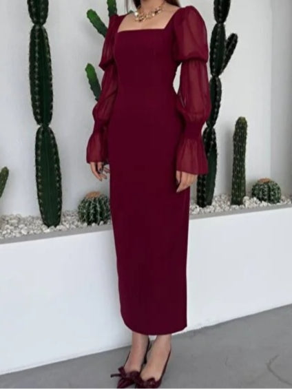 Chiffon Balloon Sleeves Square Neck Long Evening Dress