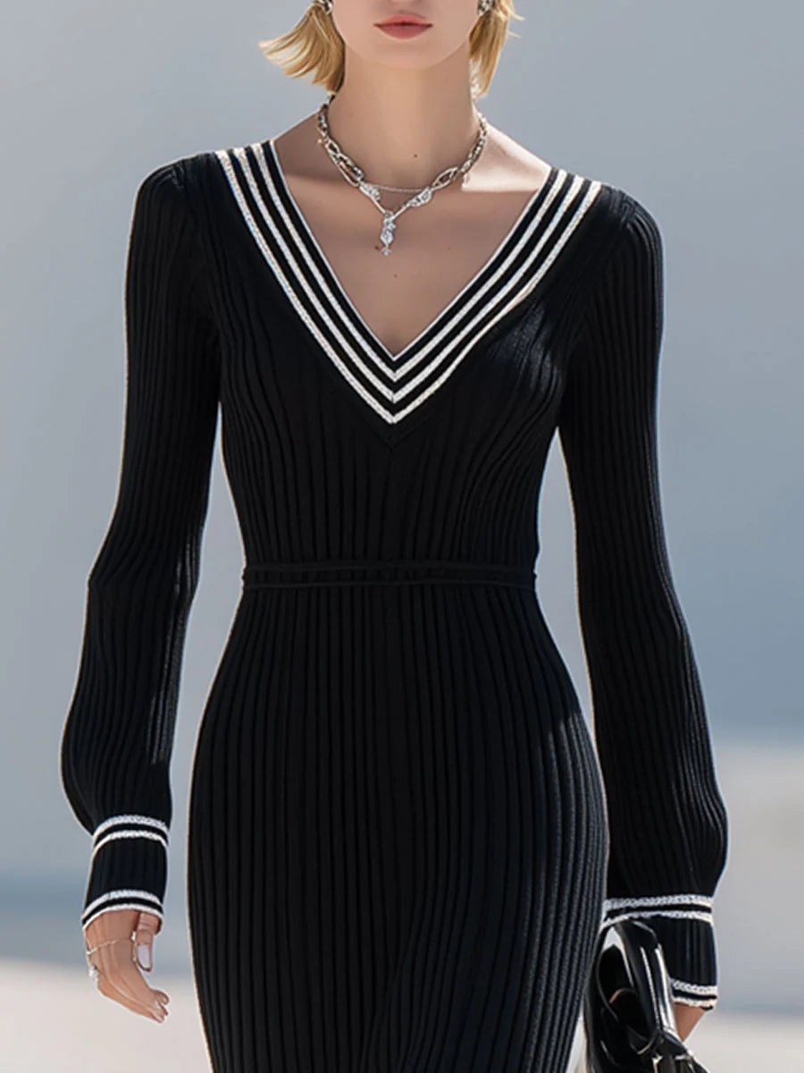 Fashion retro black long-sleeved fishtail dress with white trim