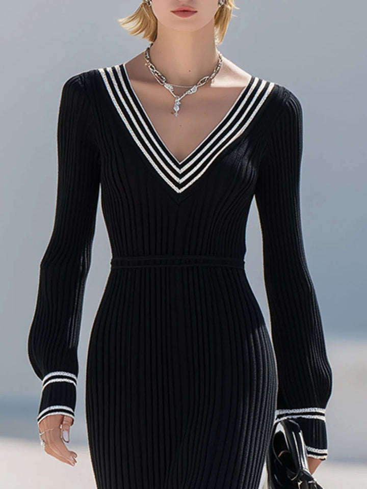 Fashion retro black long-sleeved fishtail dress with white trim