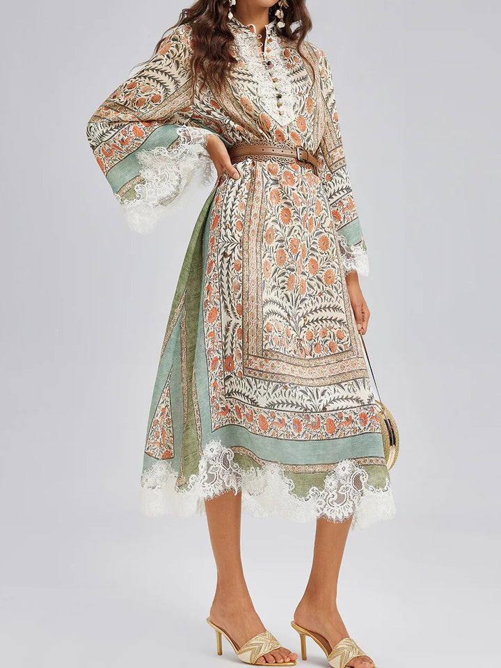 Vintage Botanical Print Lace Dress (Belt Included)