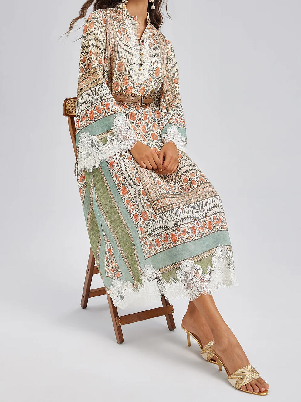 Vintage Botanical Print Lace Dress (Belt Included)