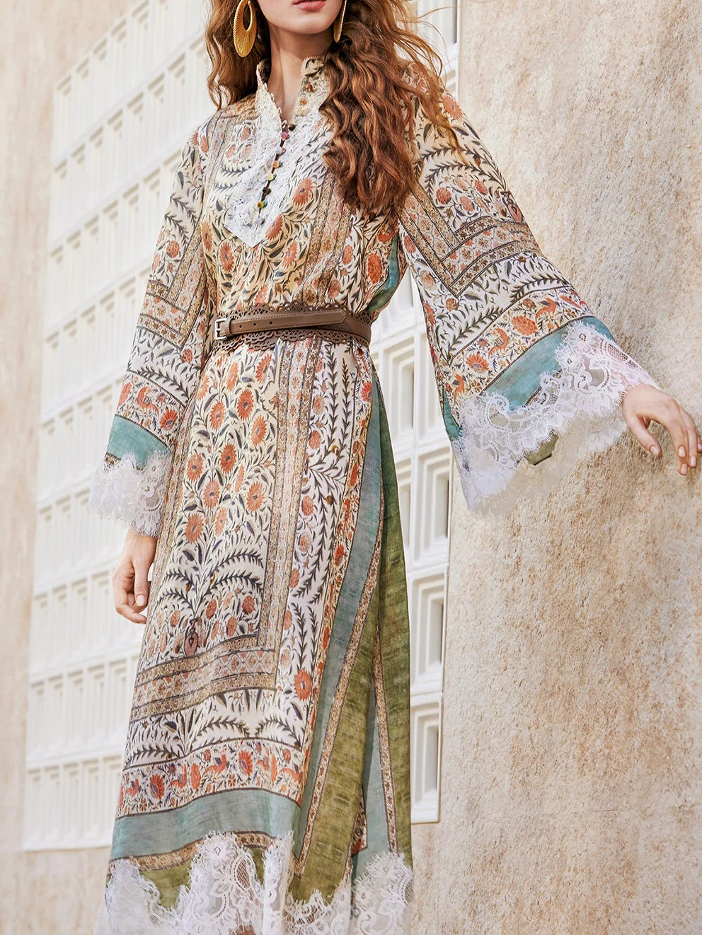 Vintage Botanical Print Lace Dress (Belt Included)