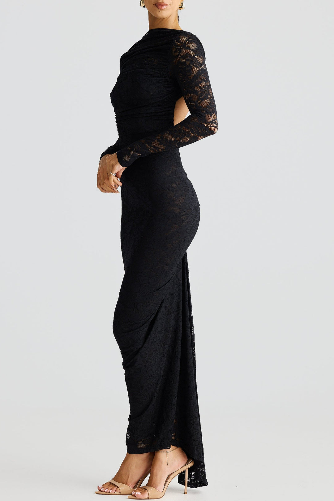 Hollowed Lace Long Sleeved Backless Maxi Dress