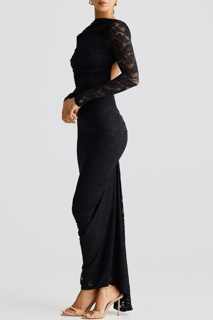 Hollowed Lace Long Sleeved Backless Maxi Dress