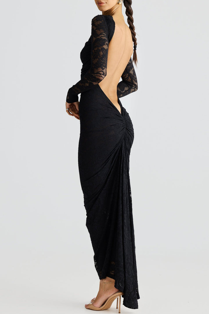 Hollowed Lace Long Sleeved Backless Maxi Dress