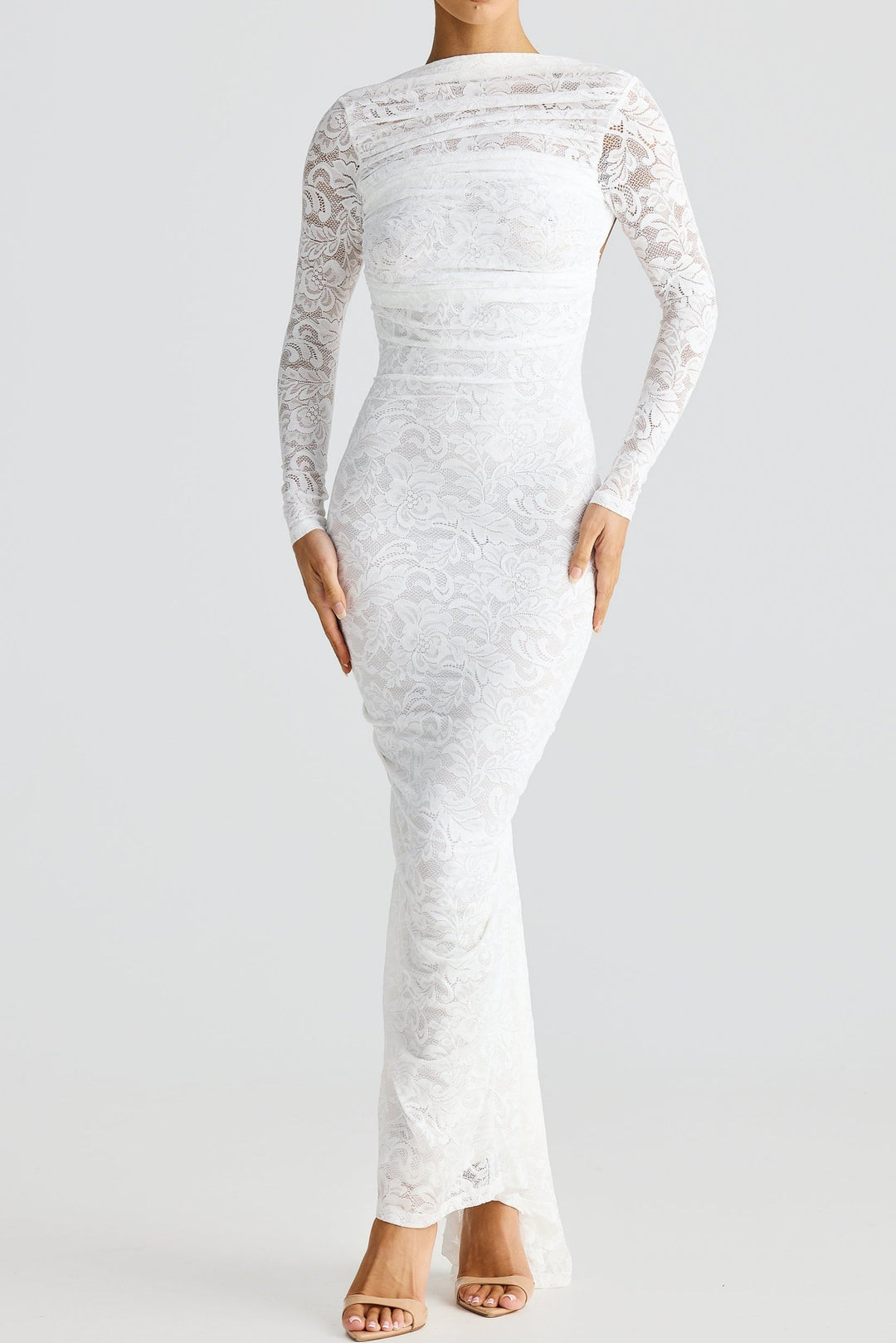 Hollowed Lace Long Sleeved Backless Maxi Dress