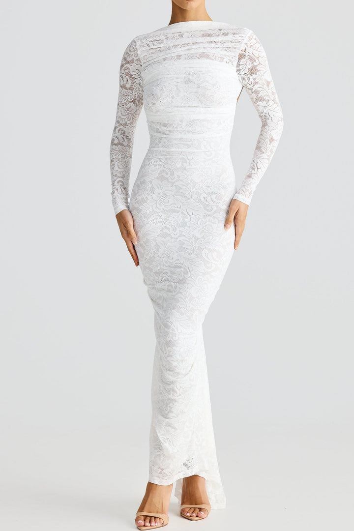 Hollowed Lace Long Sleeved Backless Maxi Dress