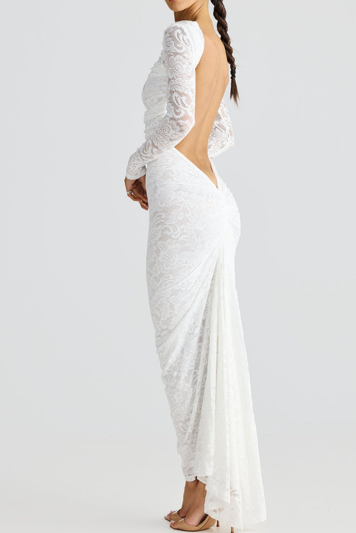 Hollowed Lace Long Sleeved Backless Maxi Dress