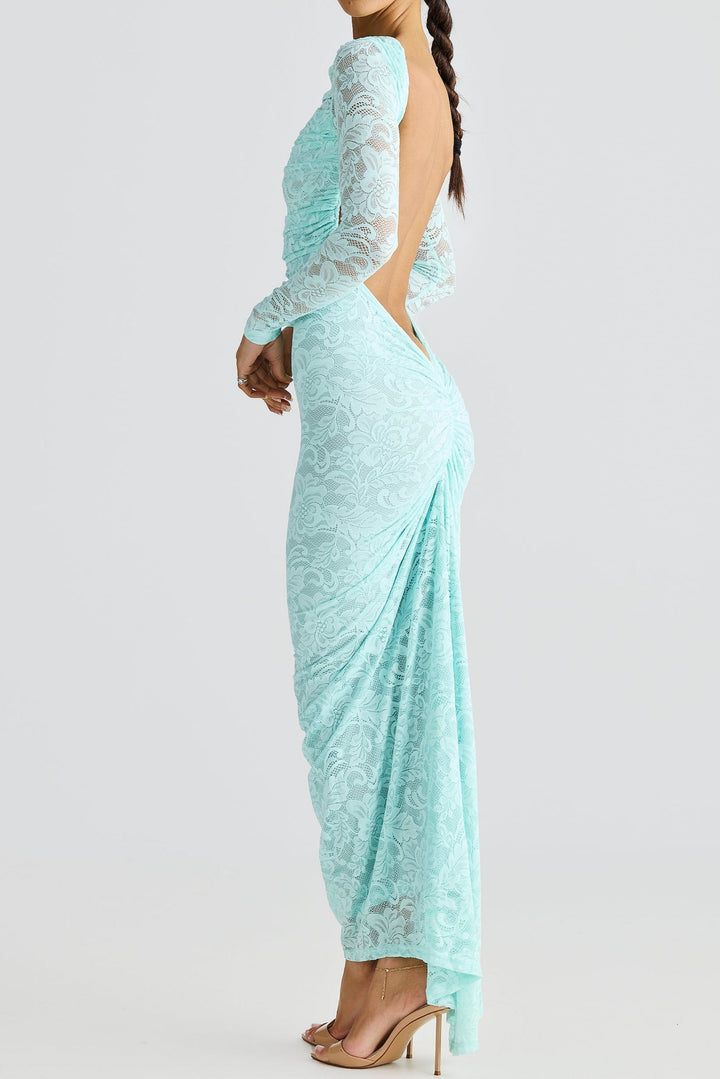 Hollowed Lace Long Sleeved Backless Maxi Dress
