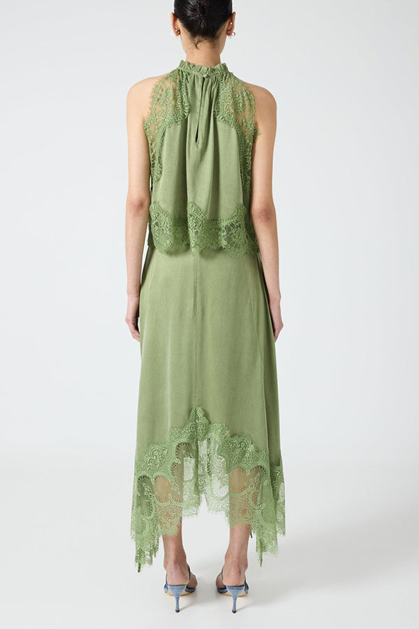 Lace Pleated Collar Top + Irregular Slit Skirt Set