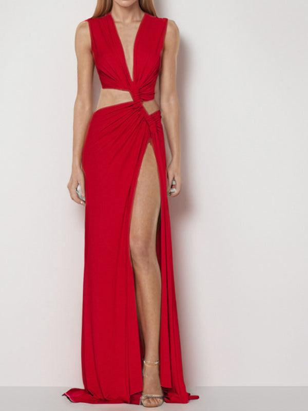 Hollow Knot Slit V Neck Sleeveless Pleated Irregular Dress
