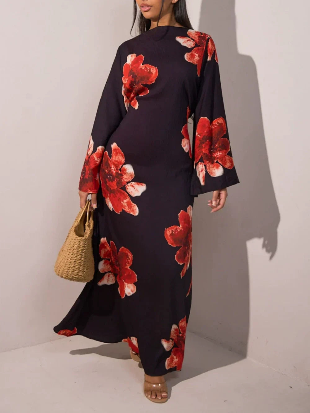 Printed dress with a tight waist maxi dress