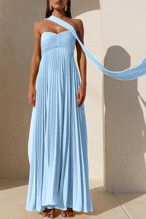 Solid color tube top pleated ribbon dress