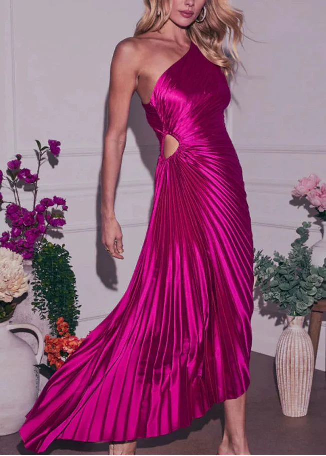 Glam Pleated One Shoulder Asymmetrical Maxi Dress