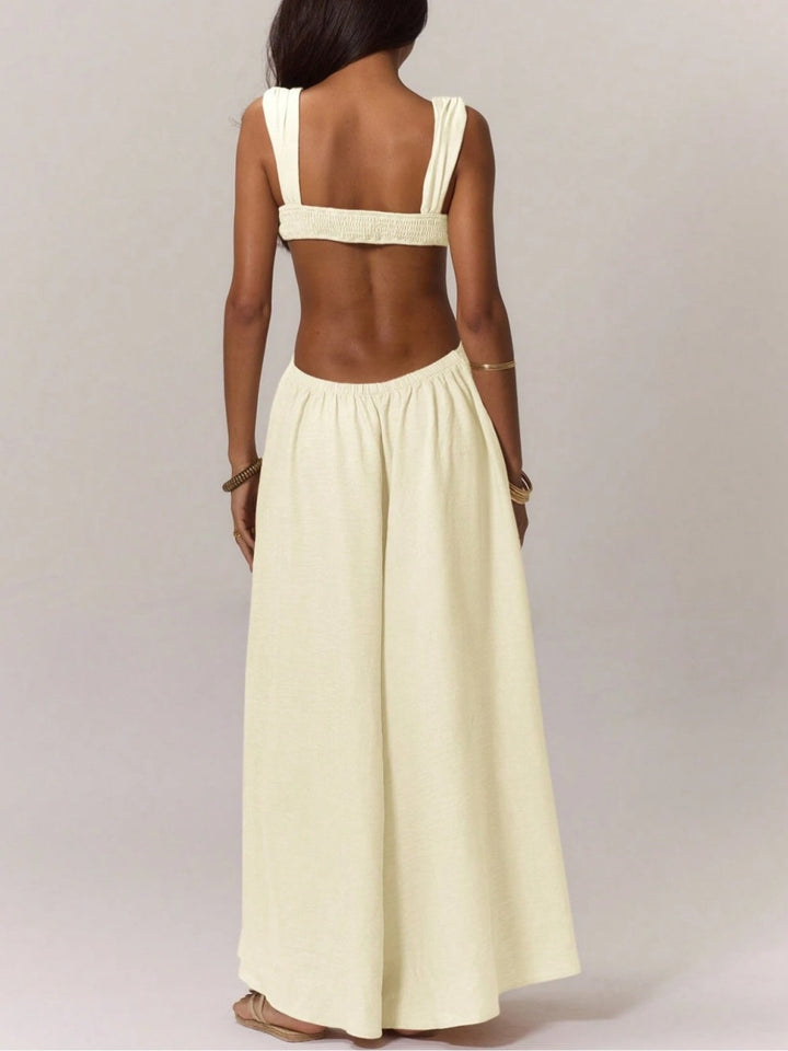 Paneled pleated wide-leg jumpsuit
