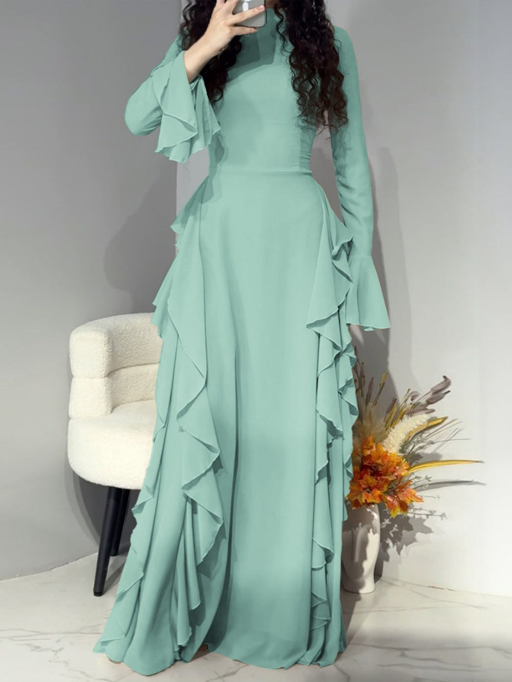 Elegant high waist trumpet sleeve dress