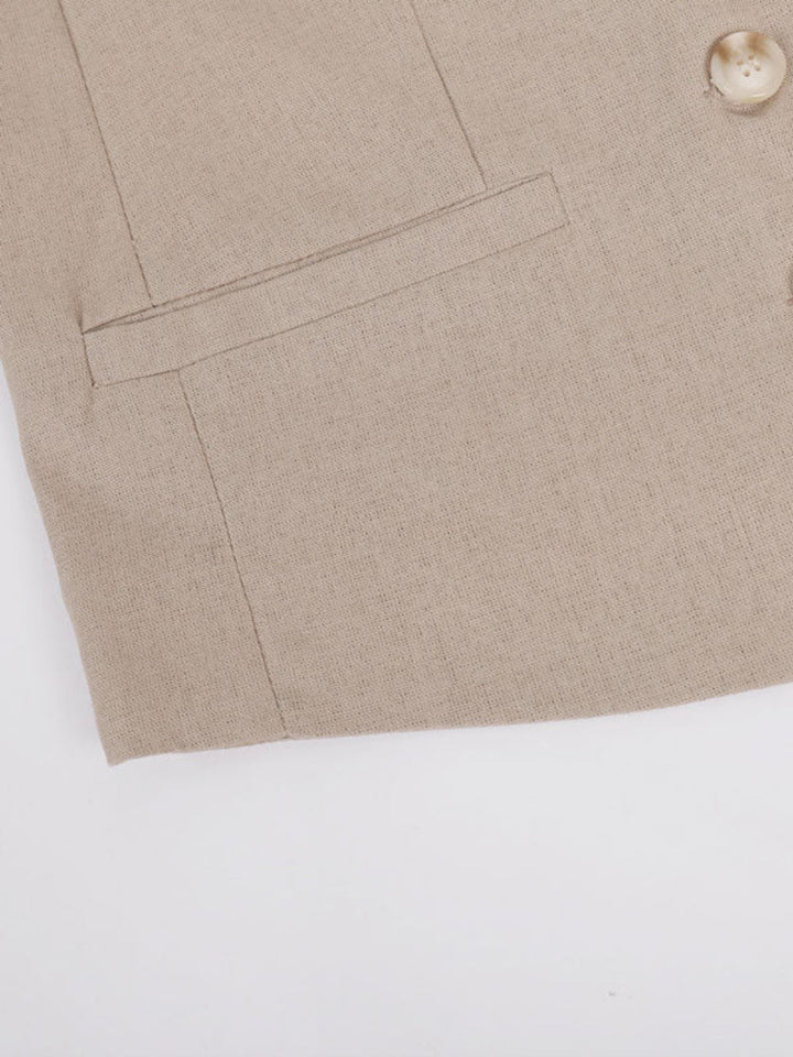 Classic V-neck Pleated Cotton and Linen Wide-leg Pants Suit