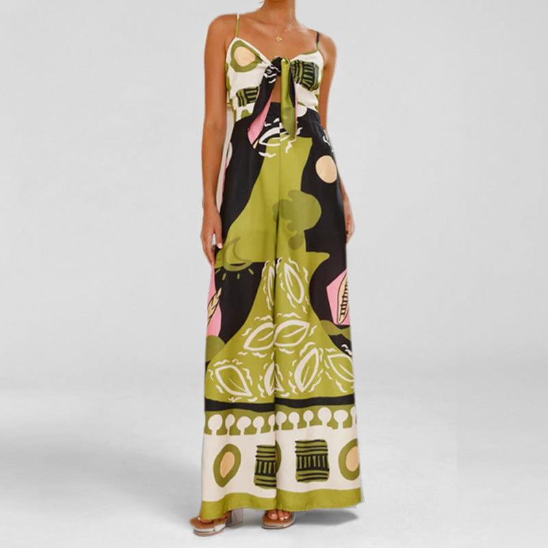 Printed waist-hugging elegant suspender wide-leg straight jumpsuit