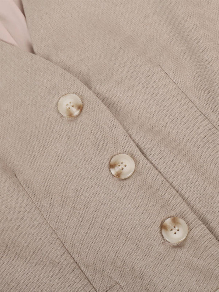 Classic V-neck Pleated Cotton and Linen Wide-leg Pants Suit