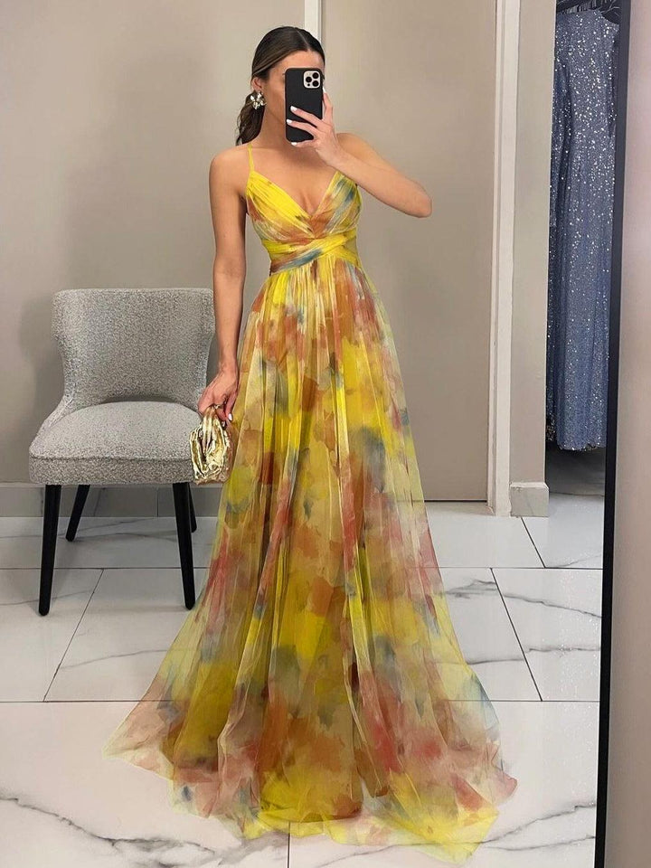 Elegant Painted Floral Print V-Neck A-Line Maxi Dress