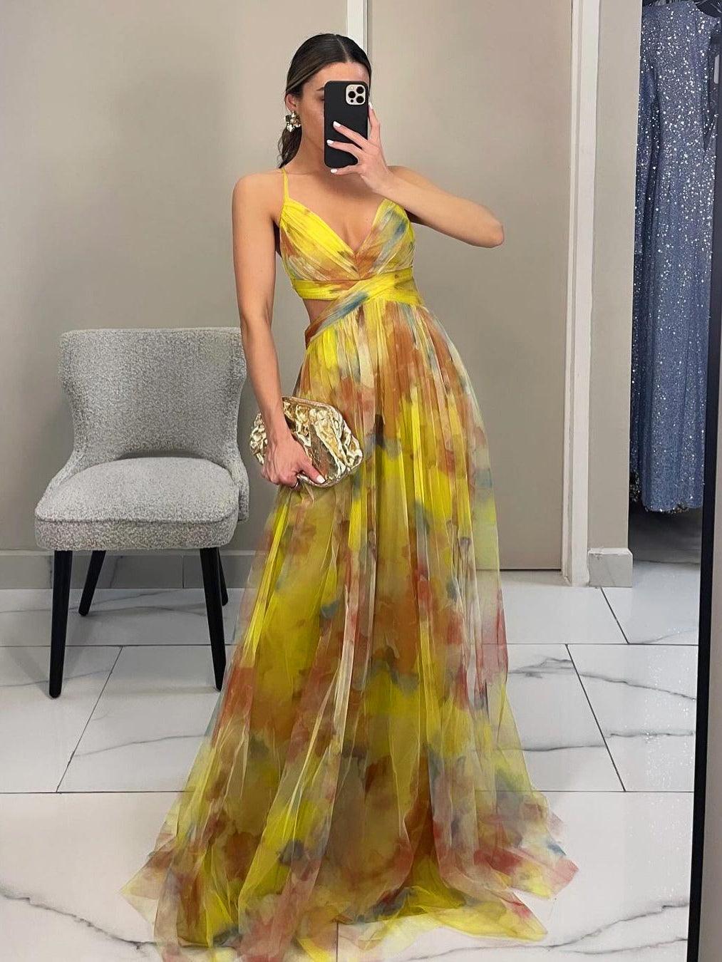 Elegant Painted Floral Print V-Neck A-Line Maxi Dress