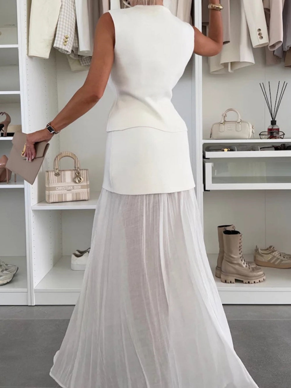 Knitted vest tulle patchwork pleated long skirt suit