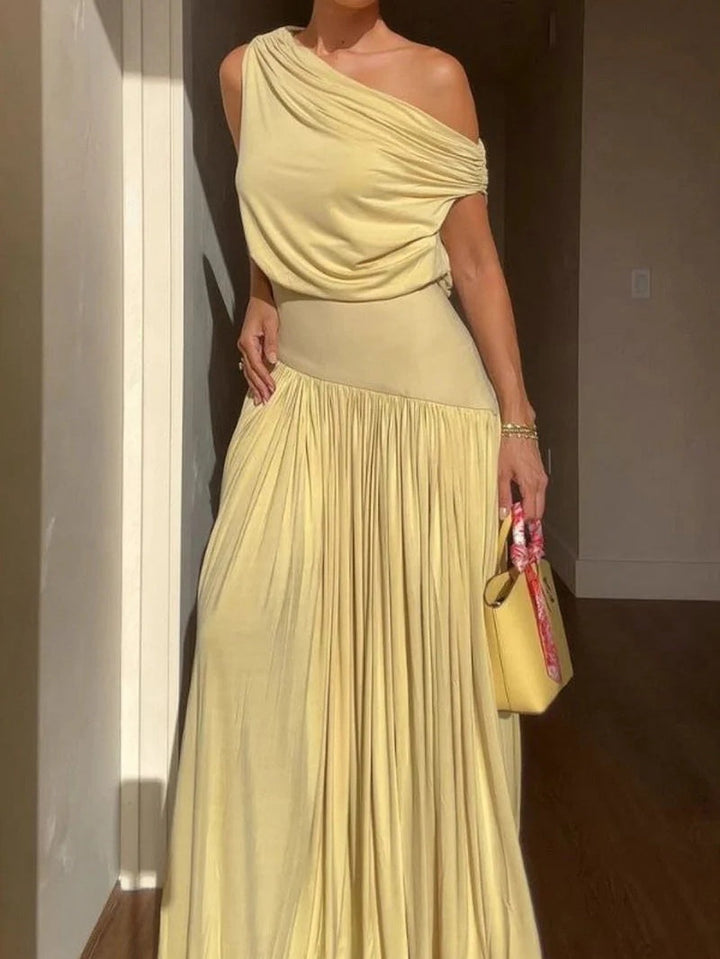 Elegant off-the-shoulder long dress with slanted neckline