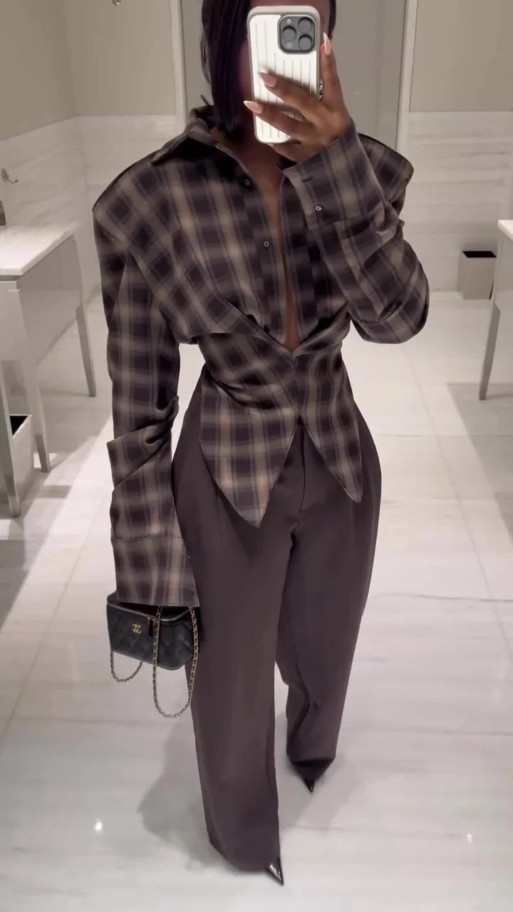Brown suit with plaid shirt and trousers