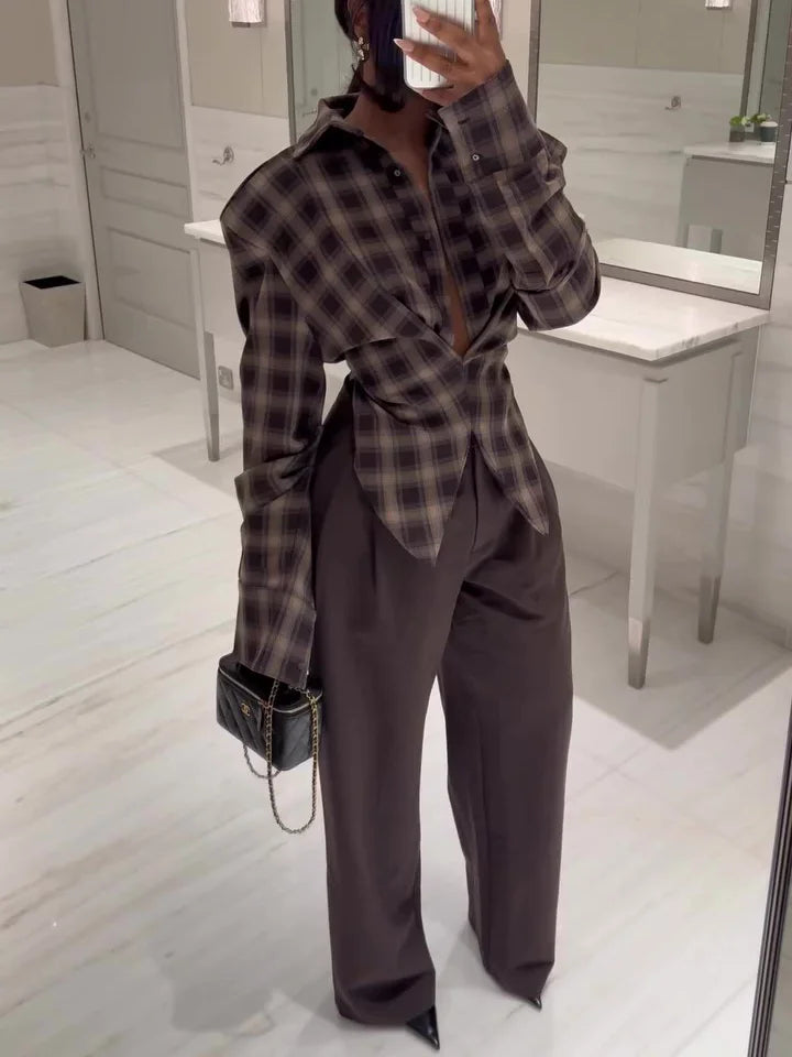 Brown suit with plaid shirt and trousers