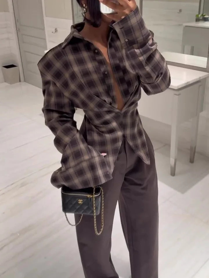 Brown suit with plaid shirt and trousers