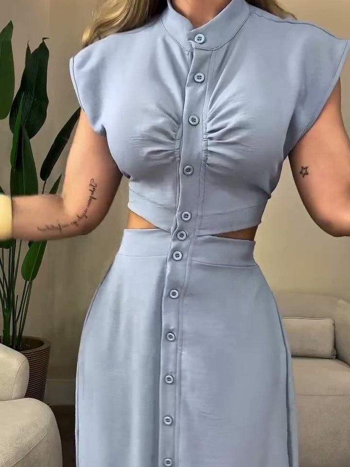 Shirt Breasted Back Cutout Casual Maxi Dress