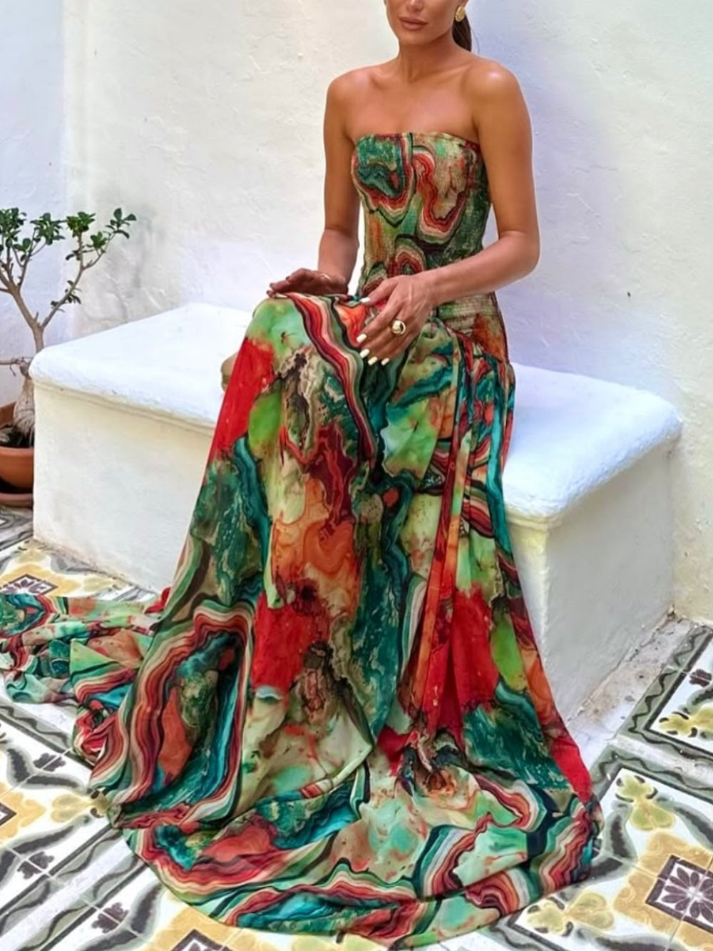 Colorful lava print off-the-shoulder pleated dress