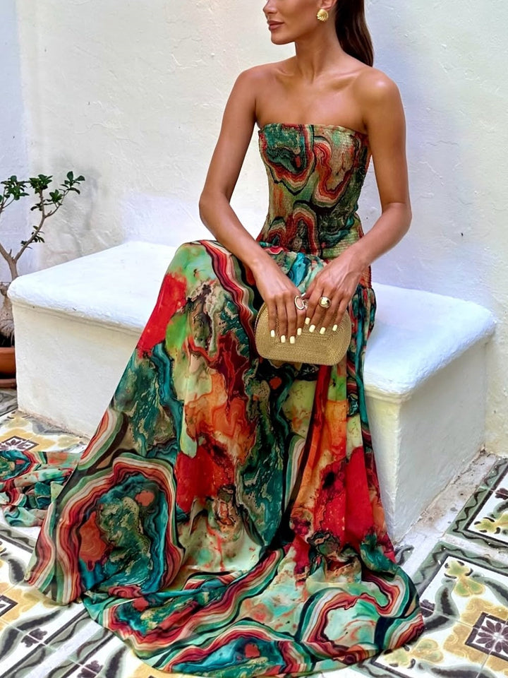Colorful lava print off-the-shoulder pleated dress