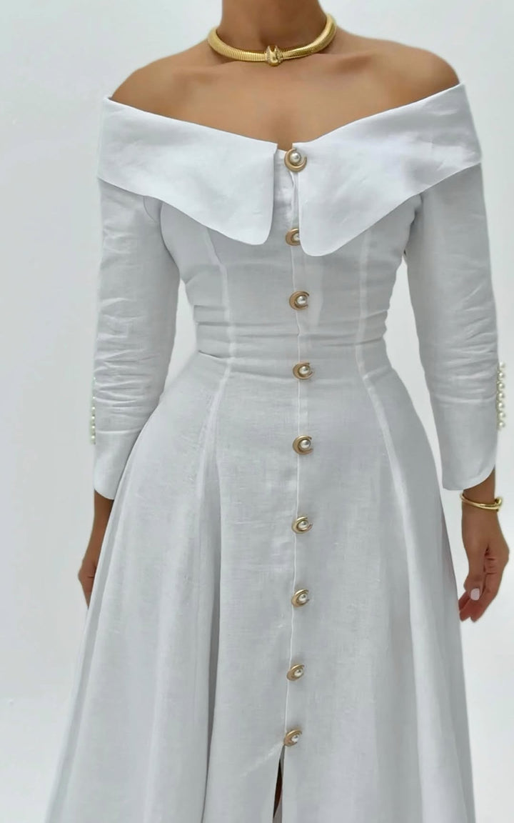 White off-the-shoulder lapel button dress