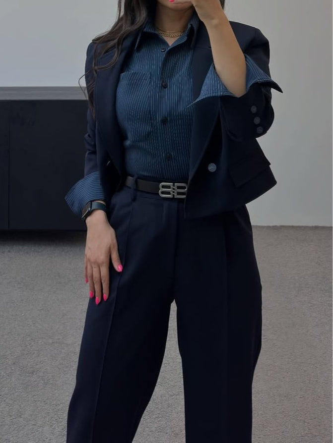 Navy blue commuter style suit with striped shirt