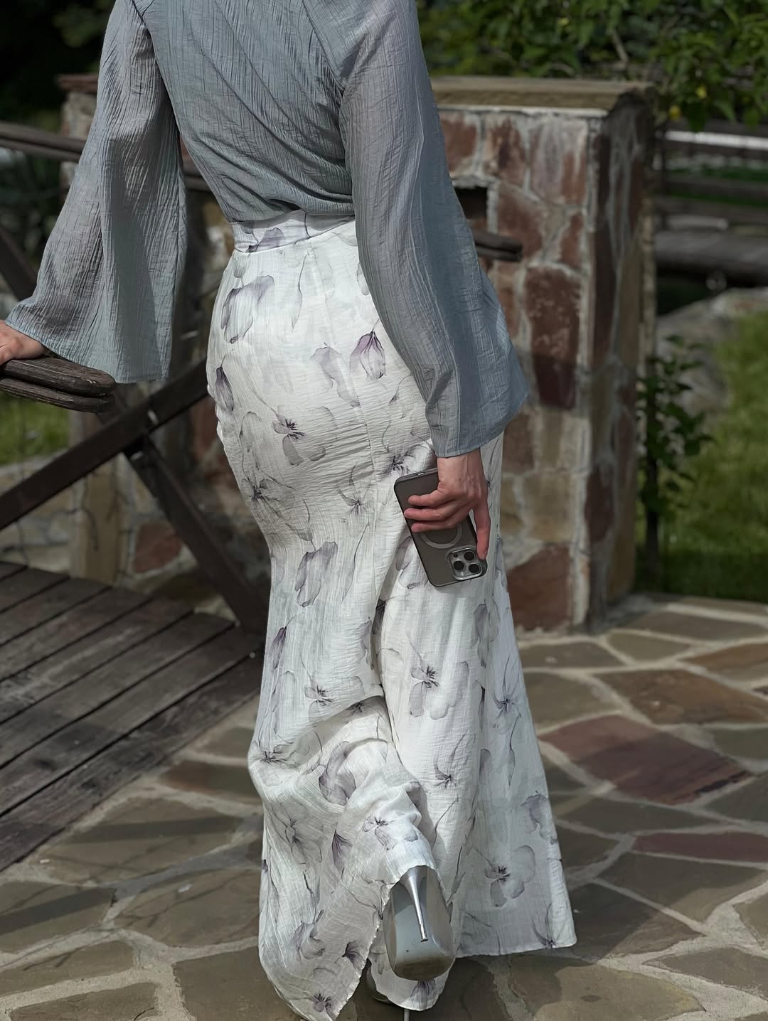 Textured shirt and floral button-down skirt suit