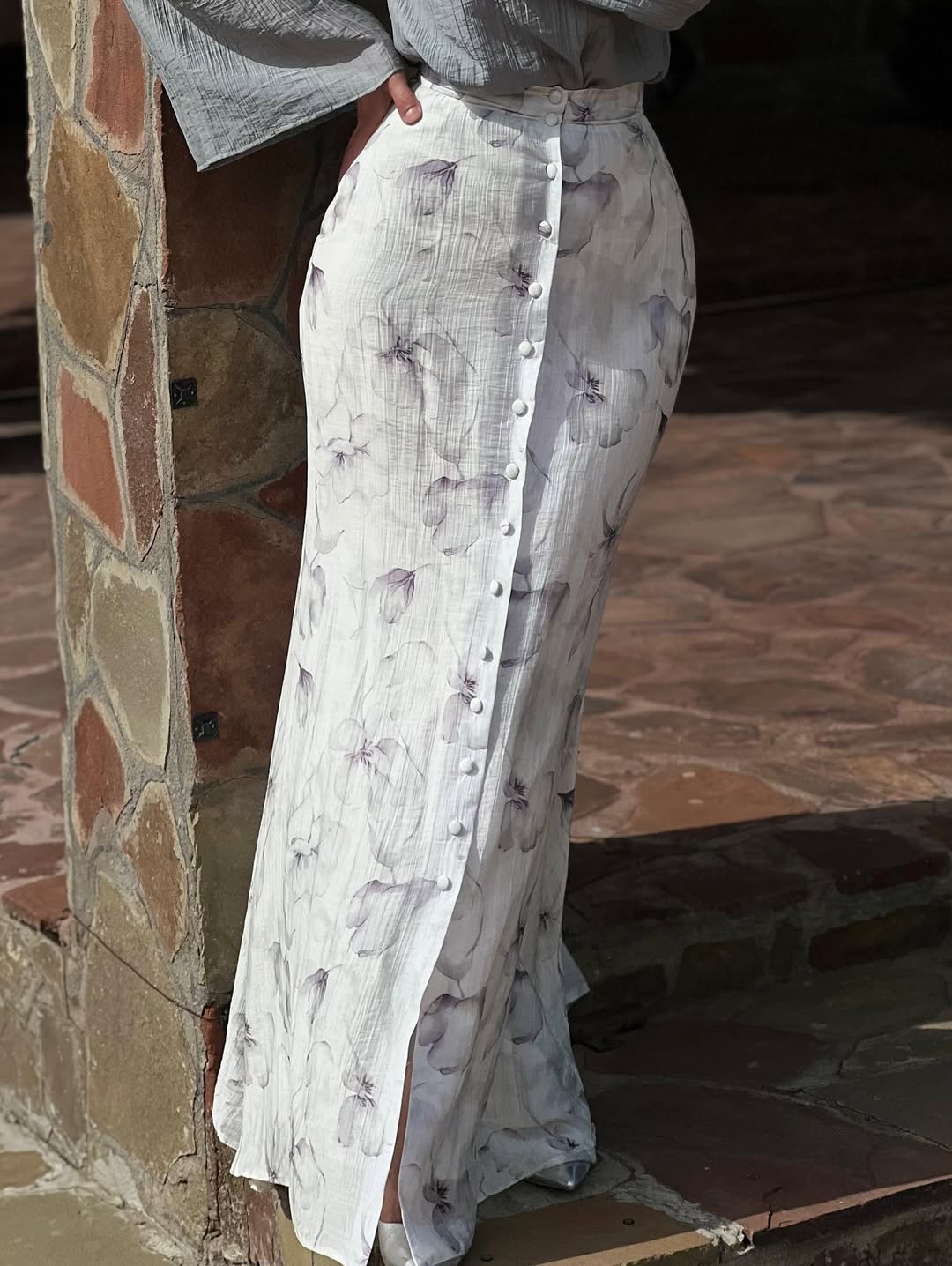 Textured shirt and floral button-down skirt suit