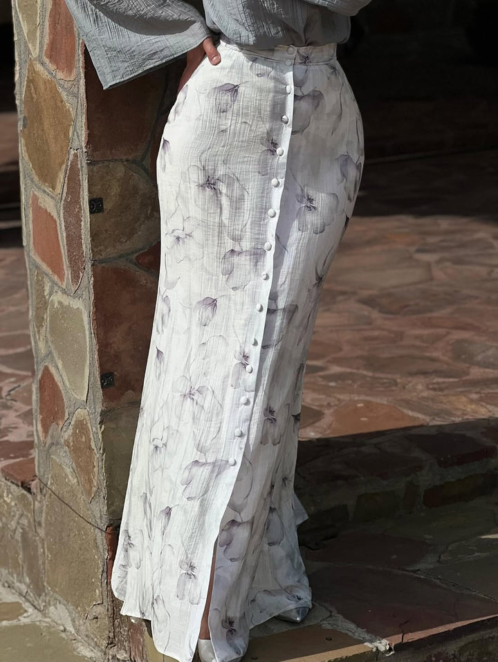 Textured shirt and floral button-down skirt suit