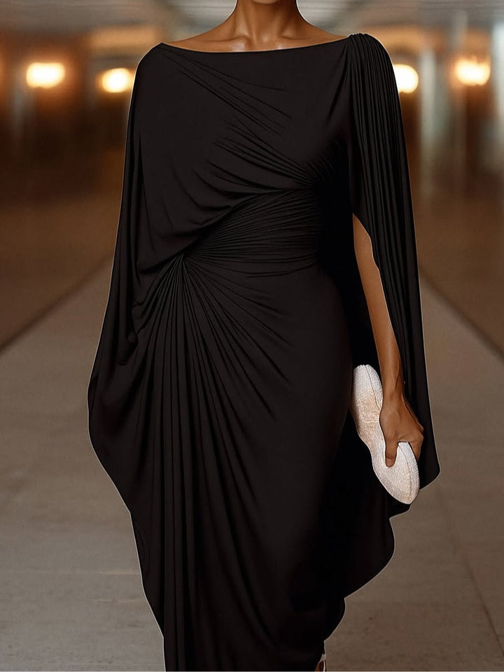 Pleated irregular drape slim-fit maxi dress