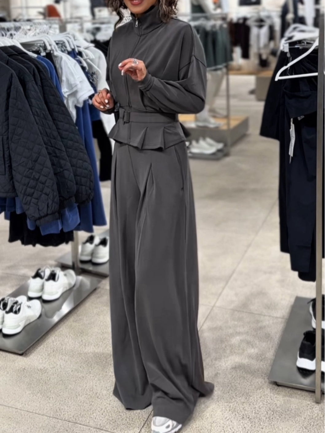 Dark grey turtleneck zip-up top and trousers set