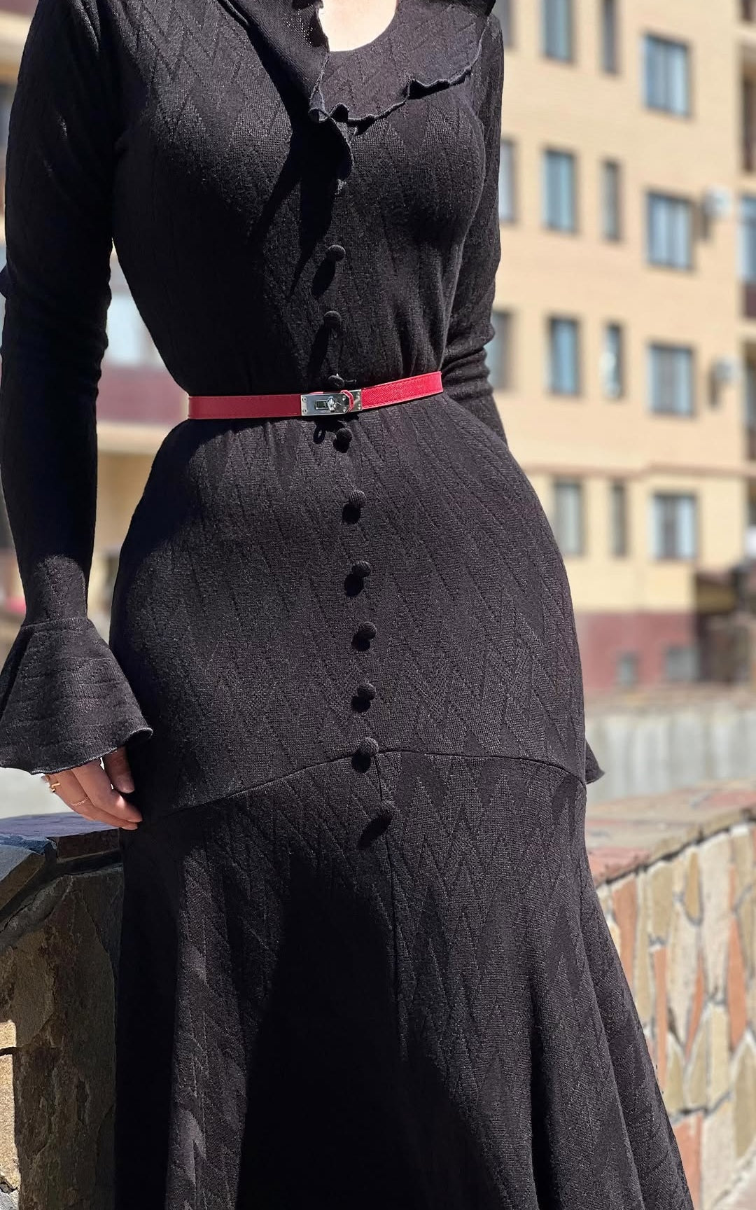 Ruffle neckline and ruffle cuffs maxi dress